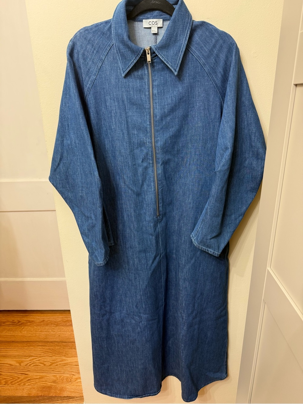 COS L Denim Zip Up Midi Dress Back Pleats Structural Architectural Modern Collar - Picture 6 of 13